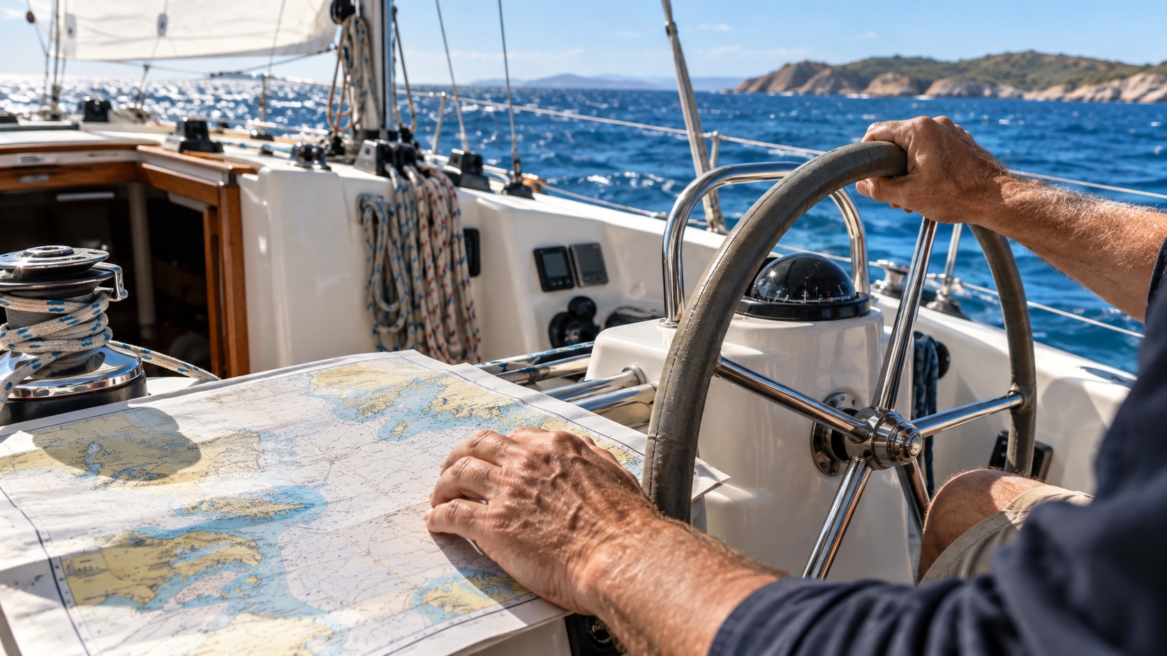 Skipper at a yacht helm with a chart in the cockpit
